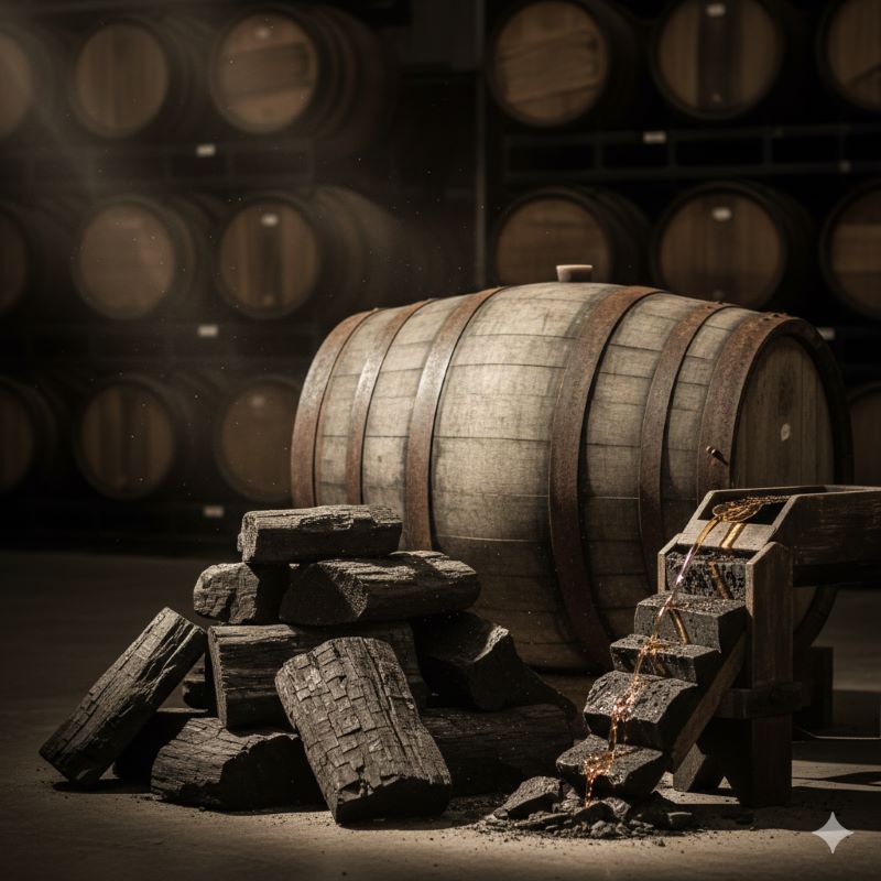 テネシーウイスキー特有のチャコール・メローイング製法を象徴するサトウカエデの木炭と木樽