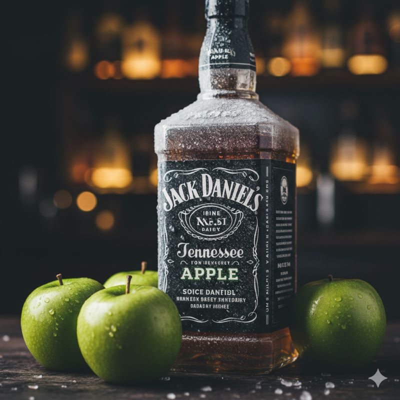 表面に冷たい結露と霜がついたキンキンに冷えたジャックダニエル・アップルのボトルと、フレッシュな青リンゴの接写