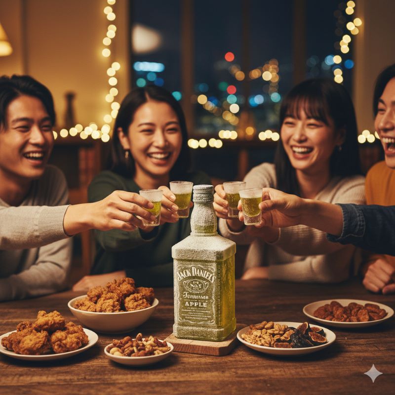 パーティーシーンで友人と楽しむ、冷凍庫で冷やされたとろみのあるジャックダニエル・アップルのチルドショット