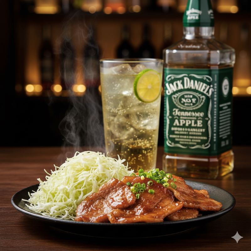 食欲をそそる照りのある豚の生姜焼きと千切りキャベツ、奥に置かれたジャックダニエル・アップルのハイボール