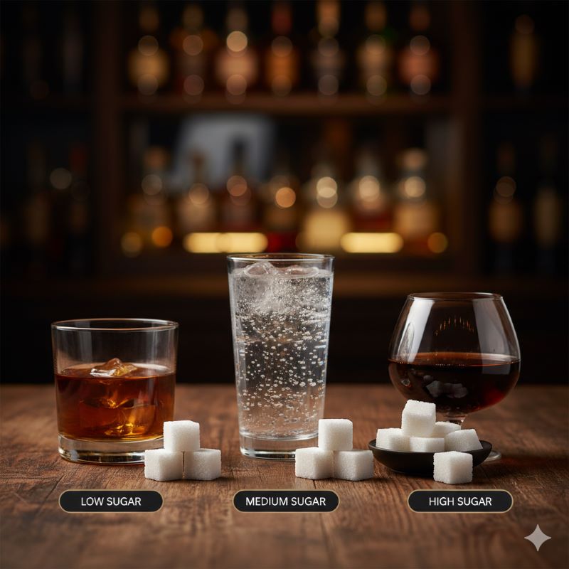 3つの異なるグラスに入ったアルコール飲料（左からウイスキー風、透明なスピリッツ、濃いリキュール）の横に、それぞれの糖質量を示唆する異なるサイズの角砂糖の山が置かれている比較写真。