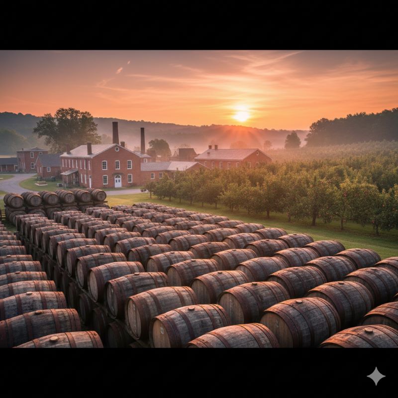 夕暮れ時のテネシー州にある歴史的な蒸溜所の風景。手前には熟成中の木樽が並び、奥にはレンガ造りの建物とリンゴの果樹園が広がっている。