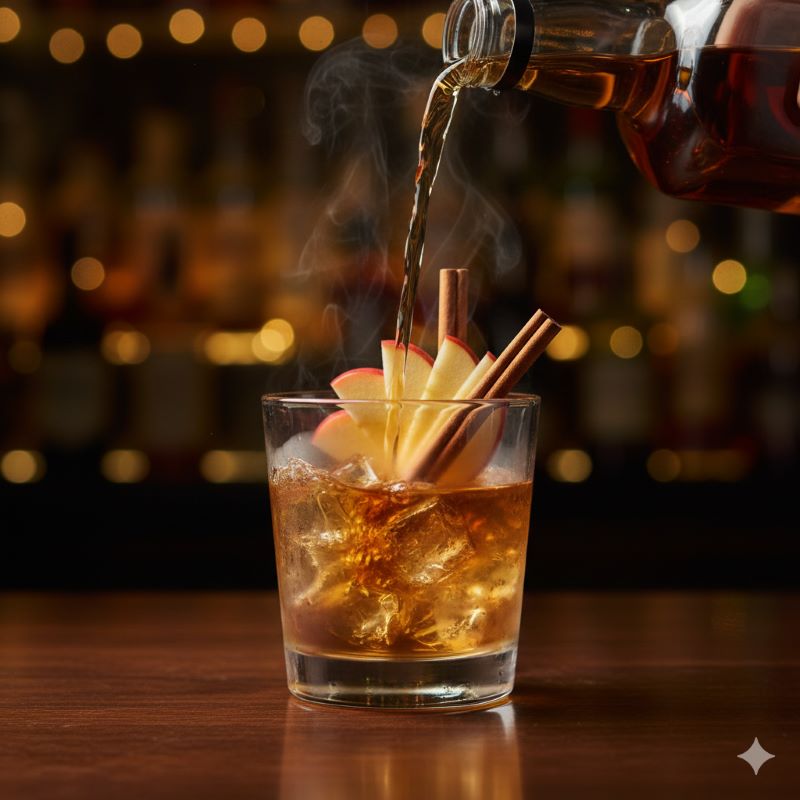 氷が入ったロックグラスに注がれた琥珀色のドリンク。スライスされた新鮮なリンゴとシナモンスティックが飾られ、温かい照明のバーカウンターでシズル感を演出している。