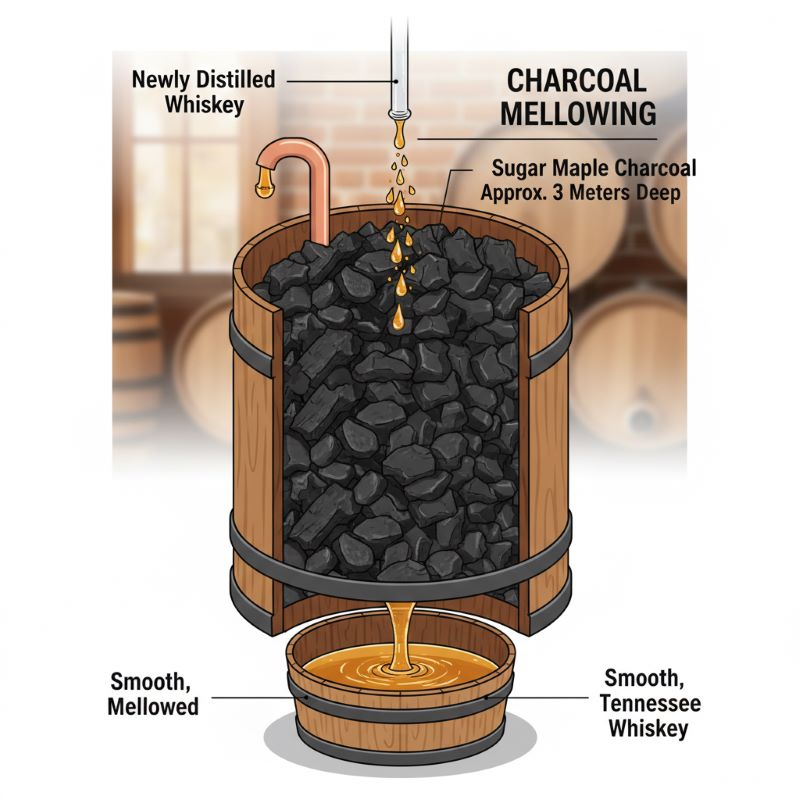 テネシーウイスキー独自の製法「チャコール・メローイング」のイメージ図：サトウカエデの木炭でウイスキーを一滴ずつろ過し、雑味を取り除く工程