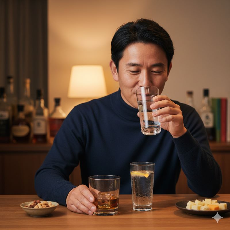 健康的な飲酒習慣のイメージ：ウイスキーと一緒にチェイサー（和らぎ水）を用意し、適量を楽しむ様子