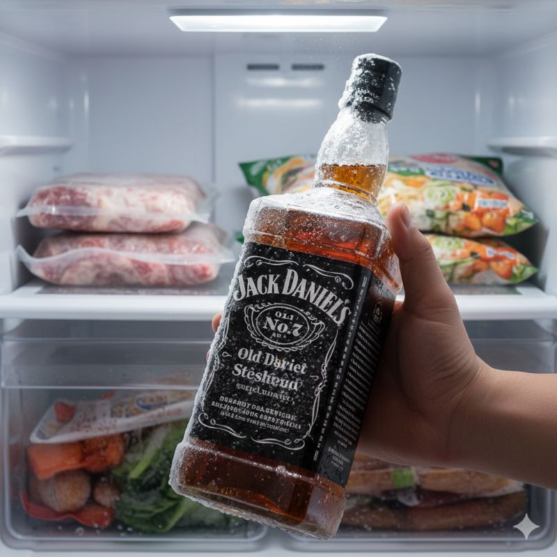 冷凍庫でキンキンに冷やした「フリーザー・ジャック」のイメージ：ボトルが霜で覆われ、中身がトロリとしたシロップ状になっている様子