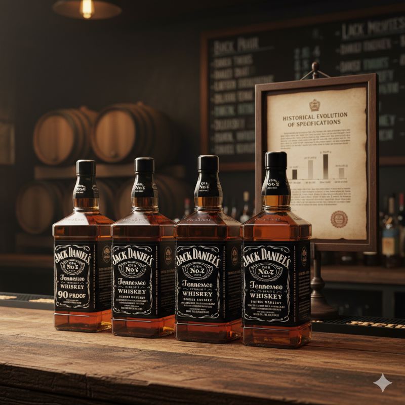 時代の変遷と共に並べられたヴィンテージウイスキーのボトル：アルコール度数や仕様が時代に合わせて変化してきた歴史的背景を表現