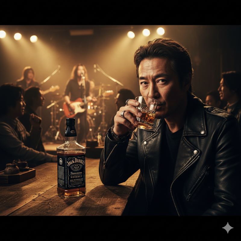ロックバーでウイスキーを楽しむ革ジャンの日本人男性：世界的な「反骨精神」や「クールなアイコン」としてのブランドイメージを表現