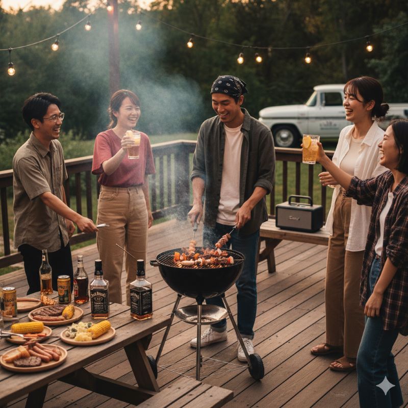 アウトドアでのBBQパーティーでウイスキーハイボールを楽しむ日本の若者たち：アメリカンカルチャーや豪快な楽しみ方との親和性を表現