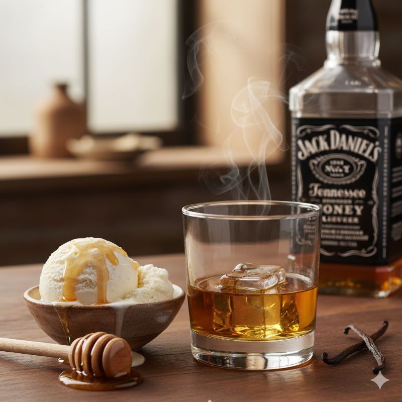 蜂蜜とバニラアイスが添えられたハニーウイスキー：糖質が含まれ、デザート感覚で楽しめるリキュールであることを視覚的に強調