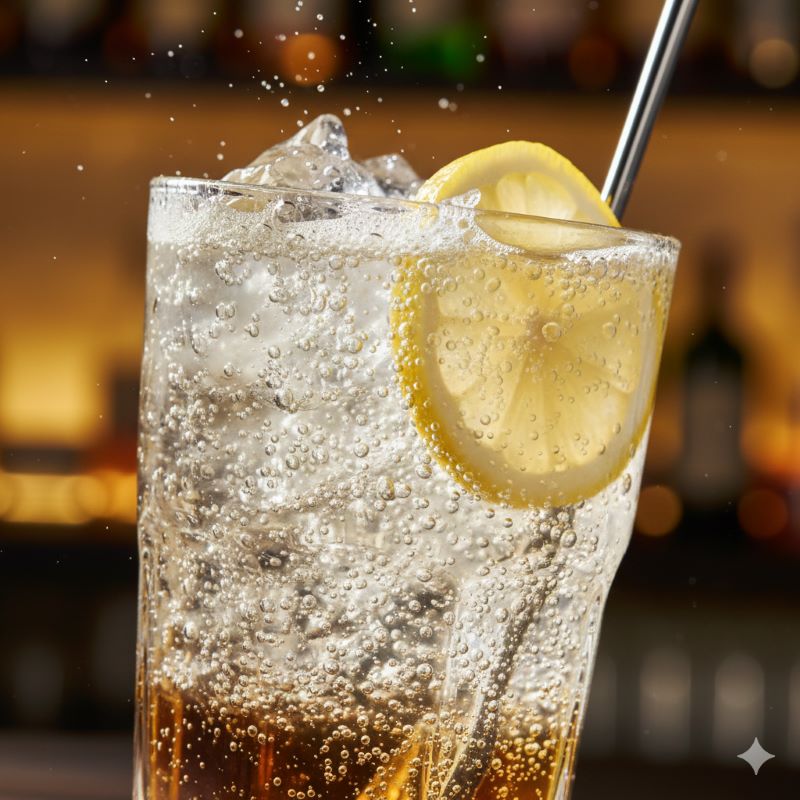強炭酸の泡が弾ける爽快なハイボールのアップ：レモンを添えることで香りが引き立ち、最も美味しい飲み方の一つであることを証明するイメージ