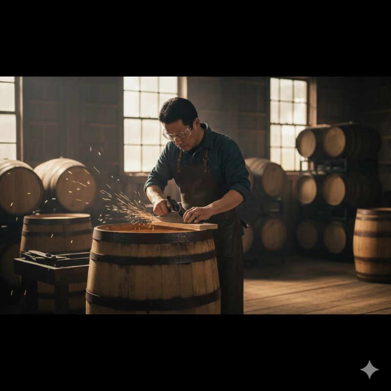 自社で樽を製造する職人のイメージ：世界的なメジャー蒸留所で唯一、自社で樽工場（クーパレッジ）を持つこだわりを表現