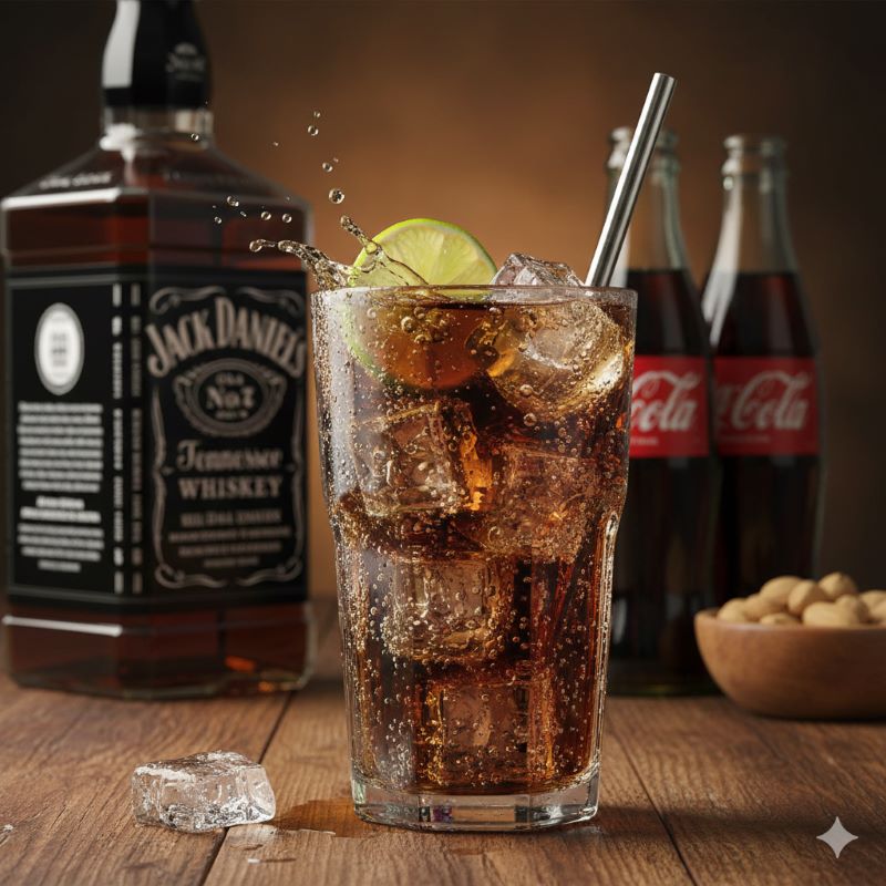 定番の「ジャック・コーク」のイメージ：コーラの甘みとライムの酸味がウイスキーの個性を引き立てる、王道のカクテル