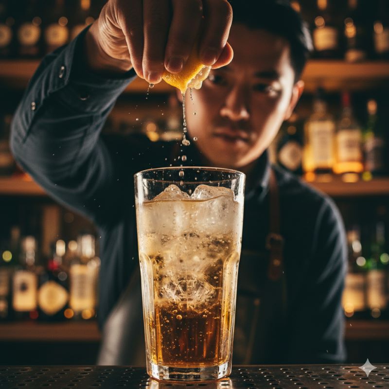 ジャックダニエルの臭みを消すテクニック：ハイボールにレモンの皮を絞りかけ、柑橘のオイルが弾けている瞬間のアップ