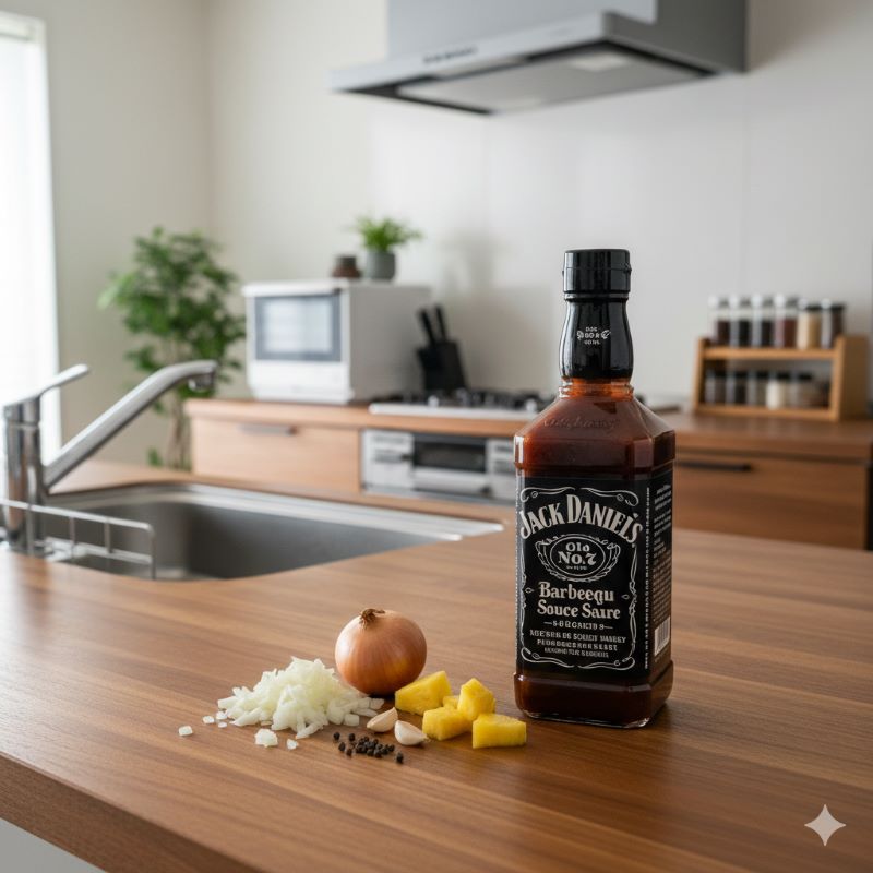 日本の家庭のキッチンカウンターに置かれたジャックダニエル風の黒いラベルのバーベキューソースボトル