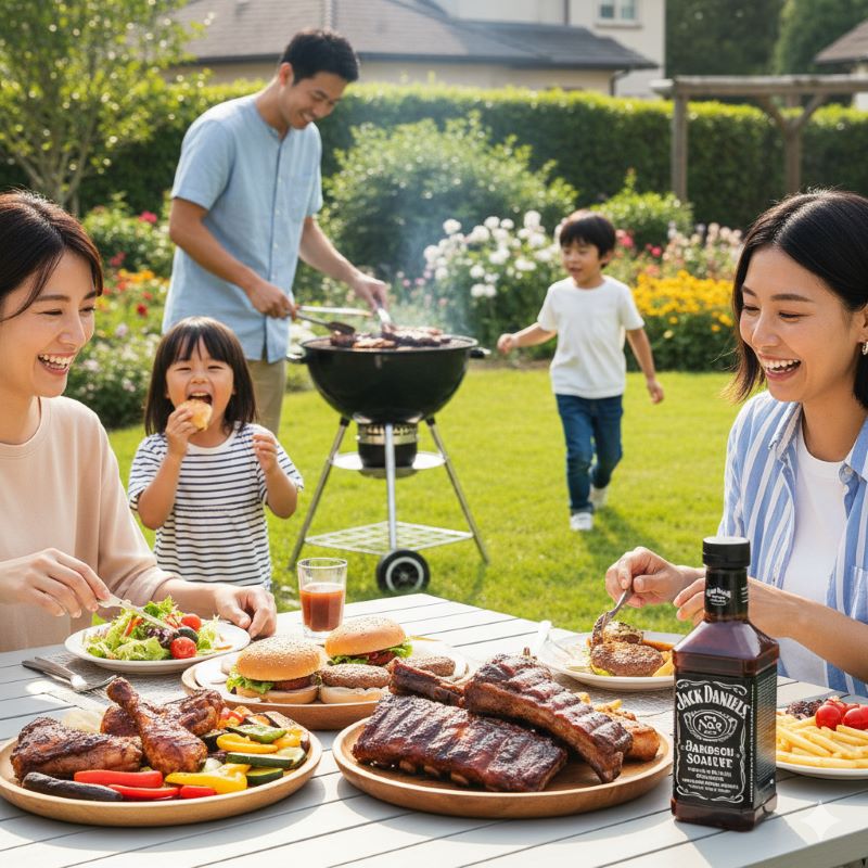 休日の庭でバーベキュー料理を安心して楽しむ笑顔の日本人家族