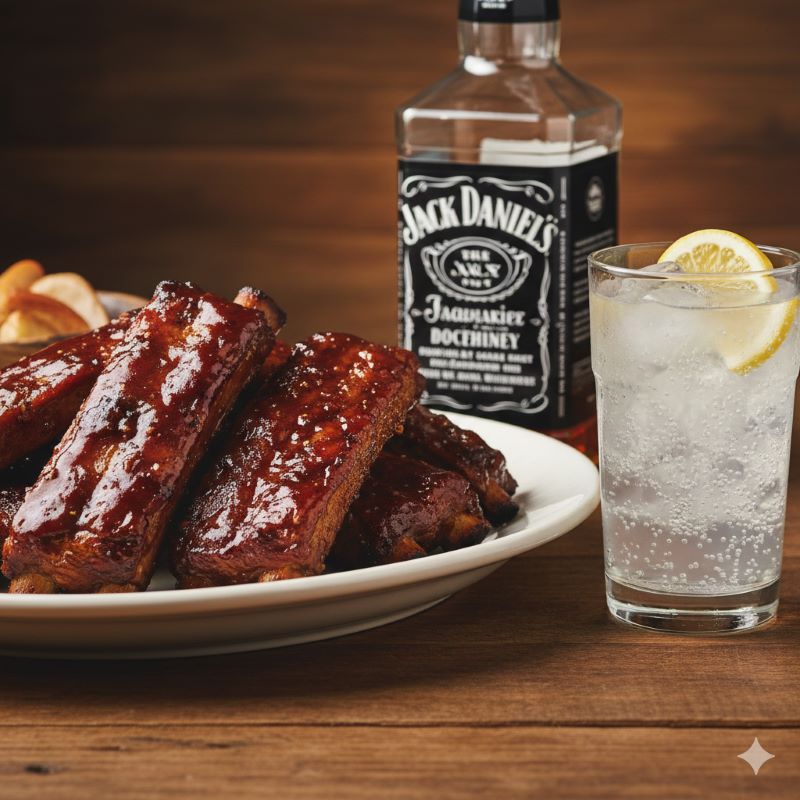濃厚なBBQスペアリブの横に置かれた冷えたジャックダニエルのハイボール