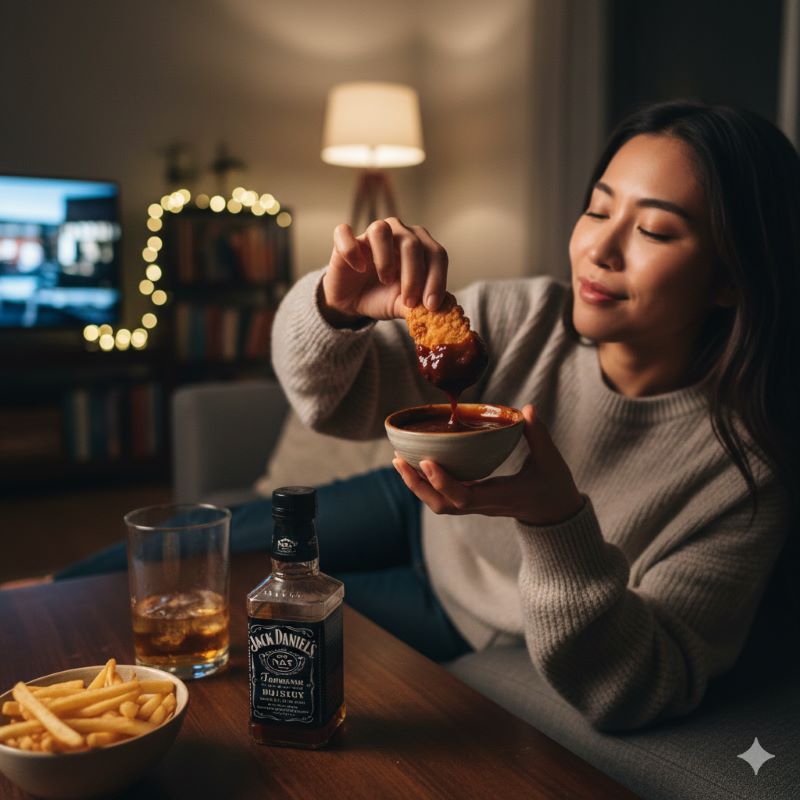 自宅のリビングでチキンナゲットに濃厚なバーベキューソースをたっぷりとディップして味わう日本人女性