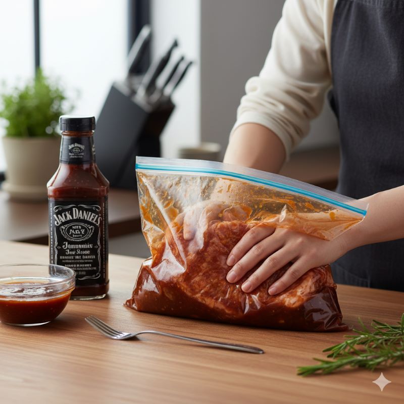 お肉を柔らかくするために密閉袋に入れてバーベキューソースに漬け込んでいる調理の下ごしらえの様子