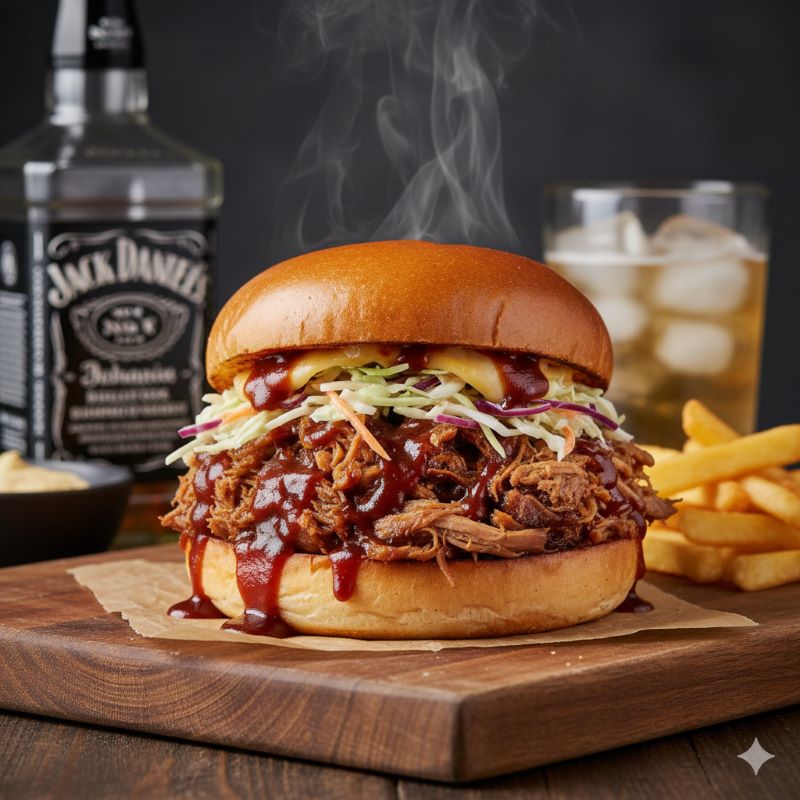ジャックダニエルソースで煮込んで作ったジューシーなプルドポークを挟んだ本格的なハンバーガー