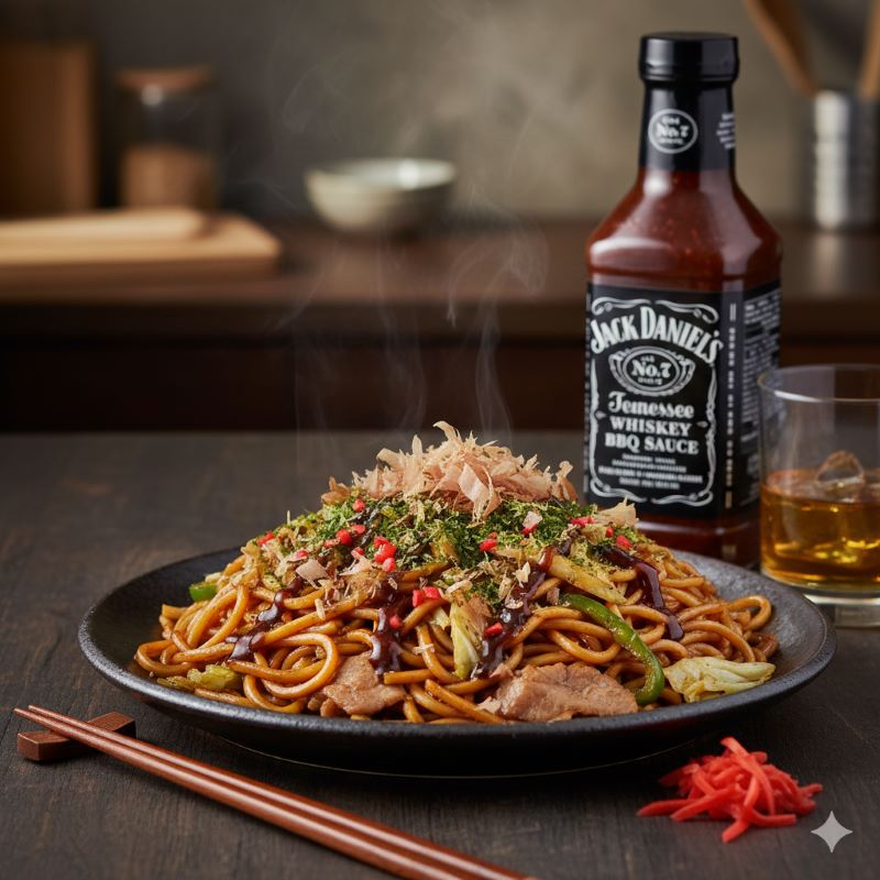 隠し味にジャックダニエルBBQソースを使ってコクを出した特製ソース焼きそば