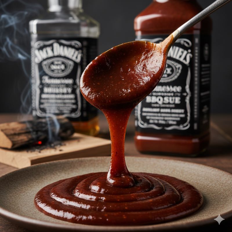濃厚なとろみと深い色合いが食欲をそそるジャックダニエルBBQソースの質感