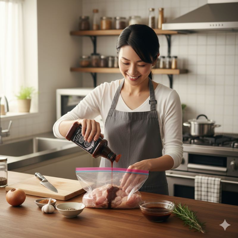 家庭のキッチンでジャックダニエルBBQソースを使って料理を始める準備の様子