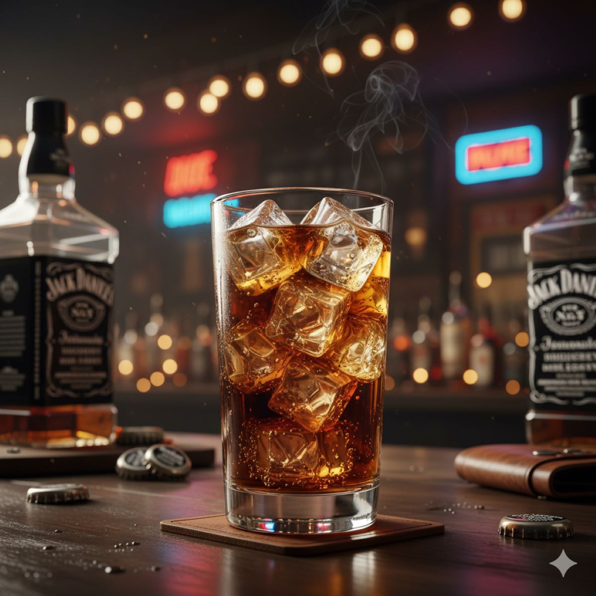 氷がたっぷり入ったグラスに注がれたジャックダニエル＆コーラと、バーカウンターの落ち着いた雰囲気を表現したアイキャッチ画像