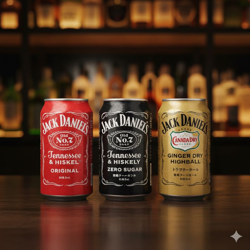 ジャックダニエル＆コカ・コーラの製品ラインナップ変遷。左から生産終了したオリジナルの赤缶、現在の主流であるゼロシュガーの黒缶、日本発の新フレーバーであるジンジャーの金缶のイメージ。