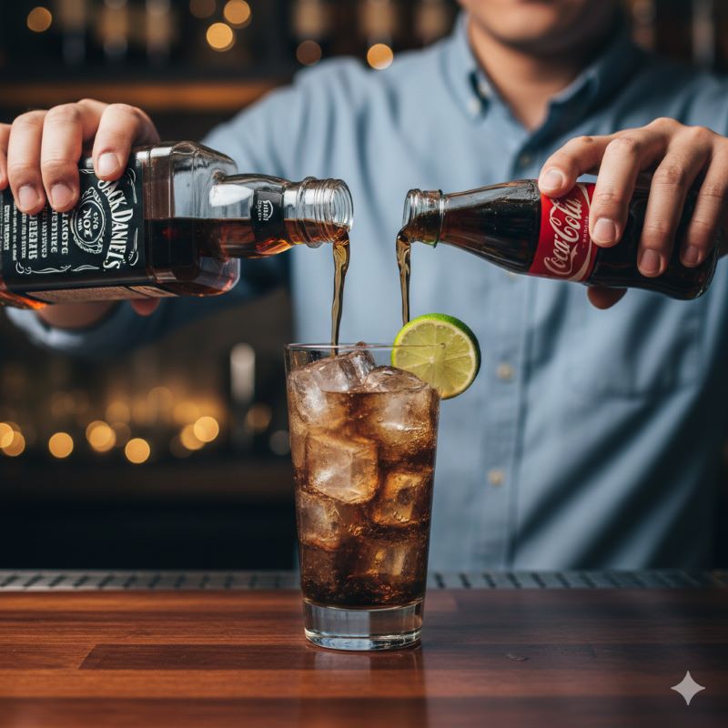 自宅で再現できるジャックコークの黄金比（1:3）。氷を山盛りにしたグラスにウイスキーとコーラを注ぎ、ライムを添えたバー品質の一杯。