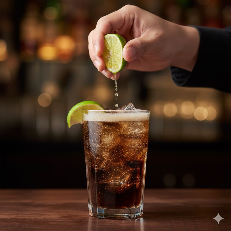 ジャックダニエルコーラにライムを搾って味をアレンジする様子