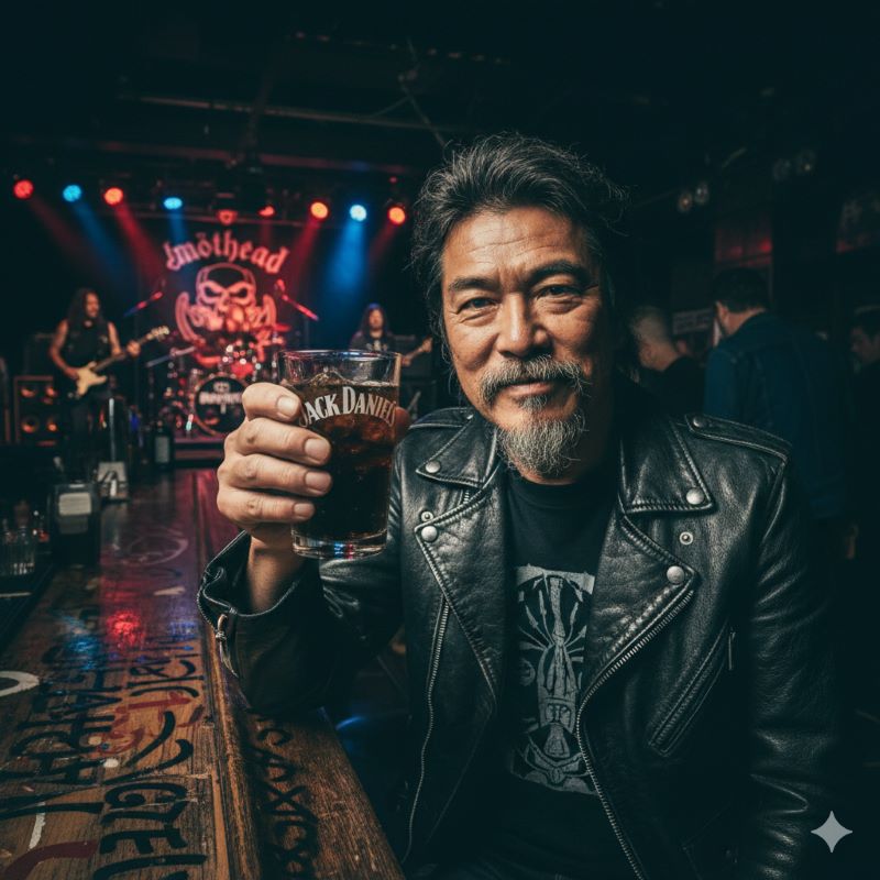 伝説のロックスター「レミー」の精神が宿る一杯。ロックバーの喧騒の中でジャックコークを手に、自由と反骨精神を体現するイメージ。