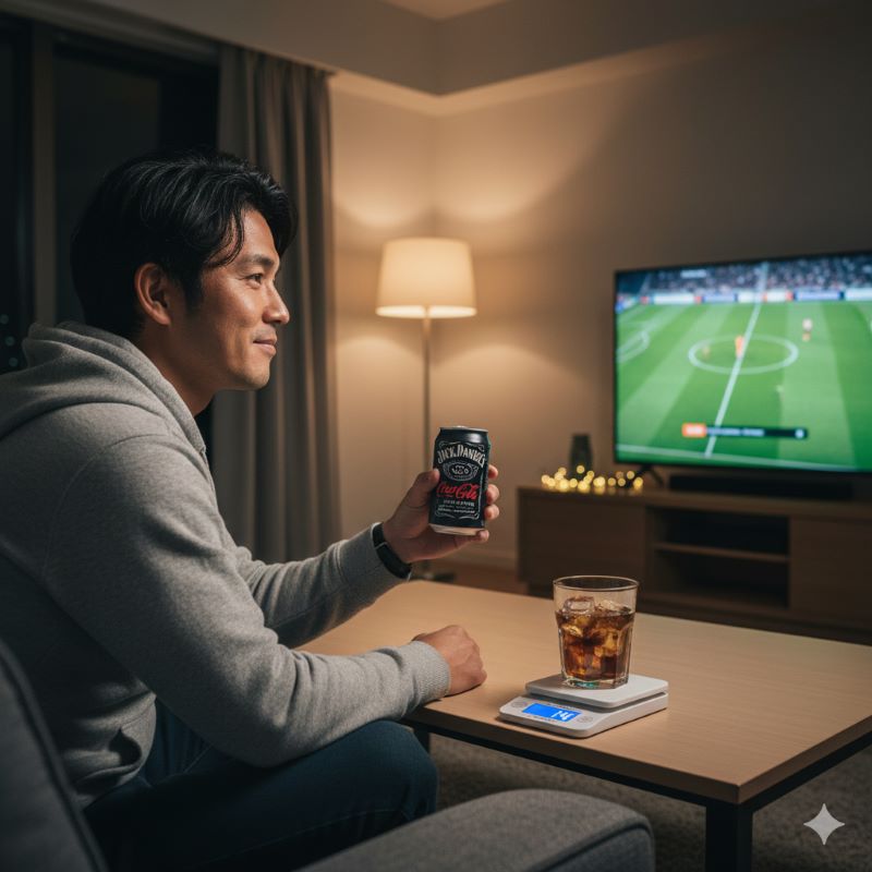 自宅のリビングでゼロシュガーのウイスキーコーラを適量楽しむ健康的な日本人男性