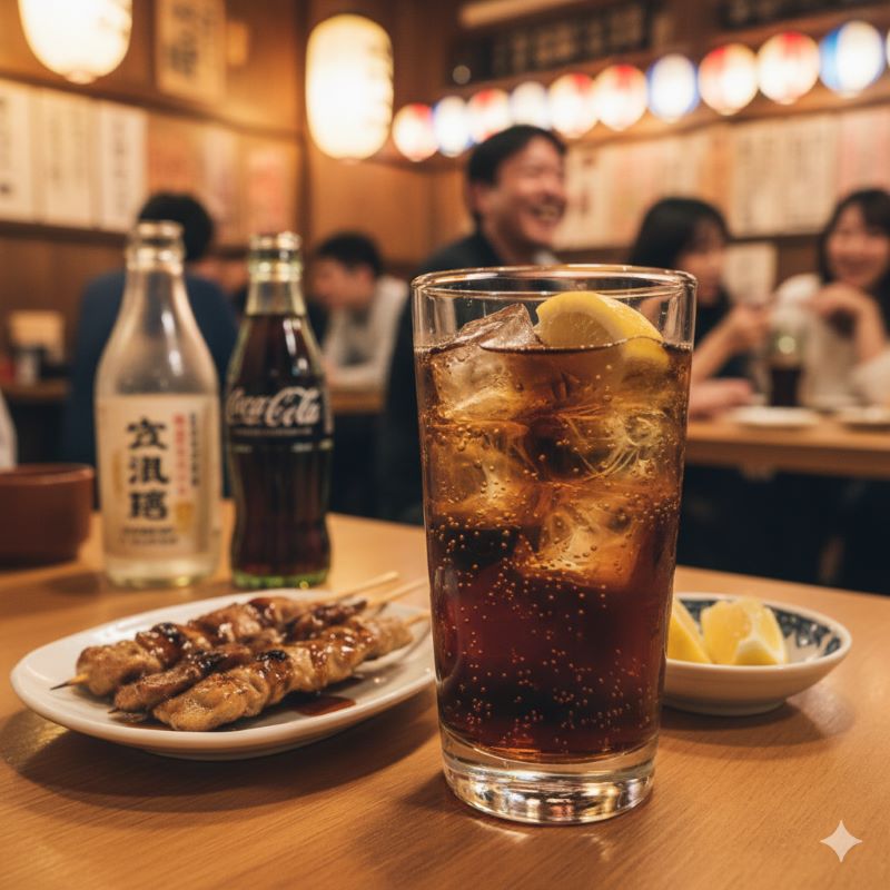 日本の居酒屋のテーブルに置かれた焼酎コークハイとレモン、焼き鳥のセット