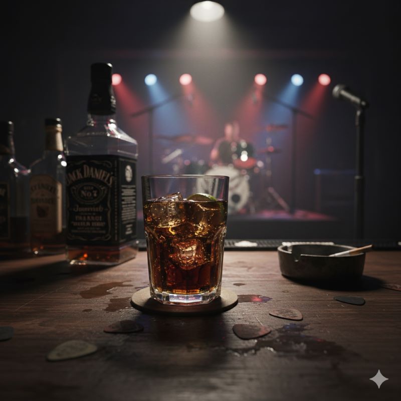 伝説のロックスターが愛した雰囲気を醸し出す、薄暗いバーカウンター上のジャックダニエル＆コーラ