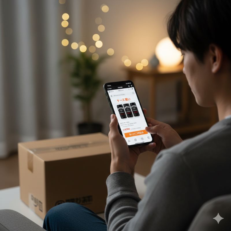 スマートフォンを使ってオンライン通販サイトでジャックダニエル＆コーラを箱買い注文する日本人