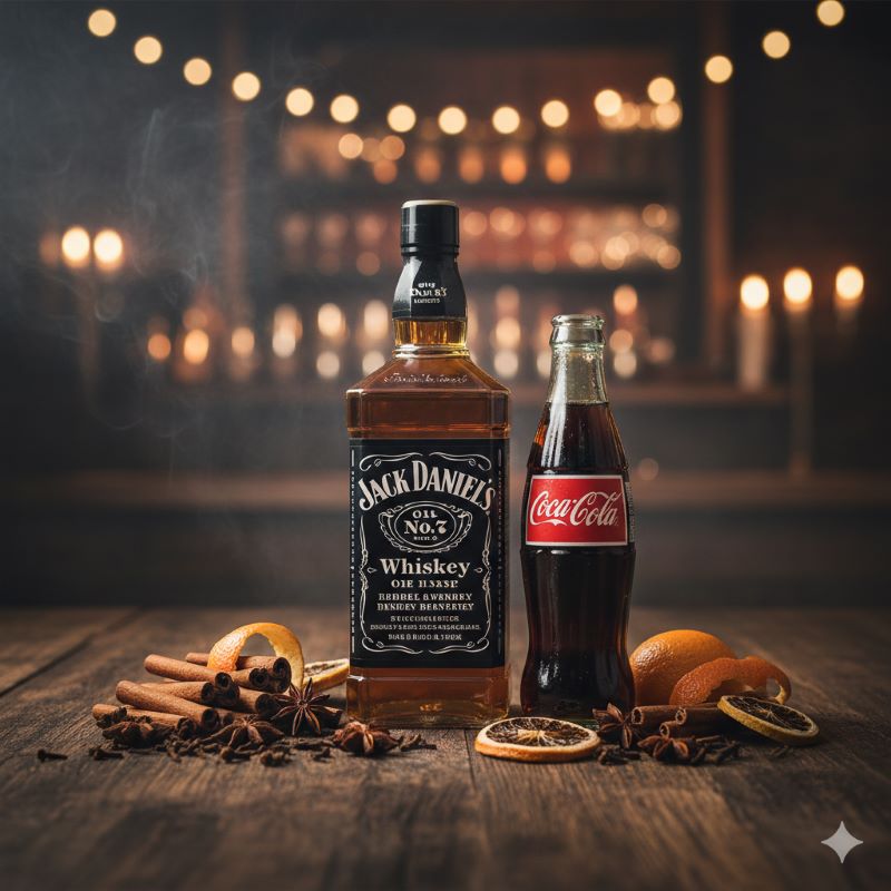 独特の風味の原因となるシナモンやクローブなどのスパイスとウイスキー、コーラが並べられたイメージカット