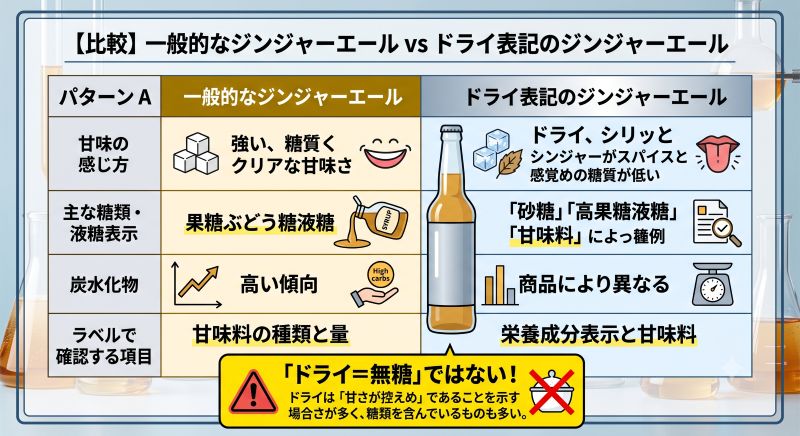 alt="一般的なジンジャーエールとドライ表記の商品について原材料と炭水化物表示の確認点を比較した図"