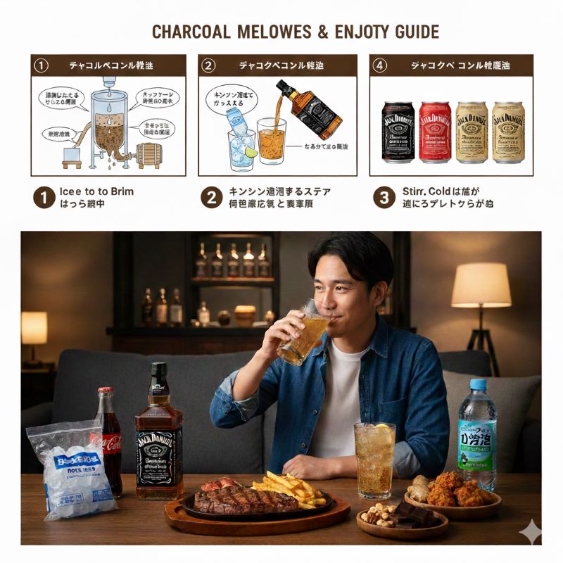 テネシーウイスキー独自のチャコール・メローイング製法。サトウカエデの木炭でウイスキー原酒を一滴一滴濾過している様子の図解