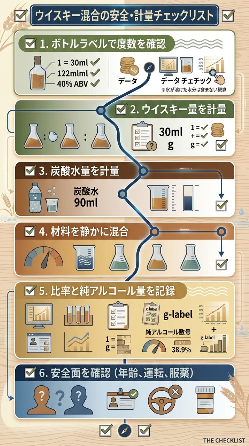 ラベルの度数確認、材料の計量、混合、純アルコール量の計算、安全確認までの流れを示す図