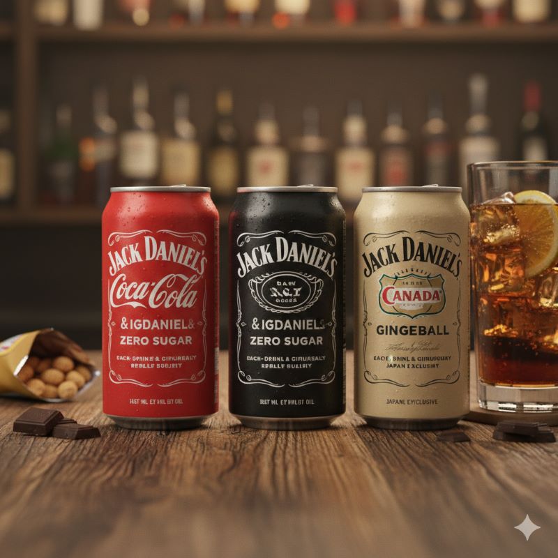 テーブルに並べられた3種類のジャックダニエルハイボール缶（コーラ割り、ゼロシュガー、ジンジャーハイボール）