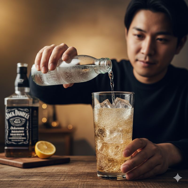 日本人が透明なロックアイスが入ったグラスに静かにソーダを注いでいる、美味しいハイボールの作り方のワンシーン