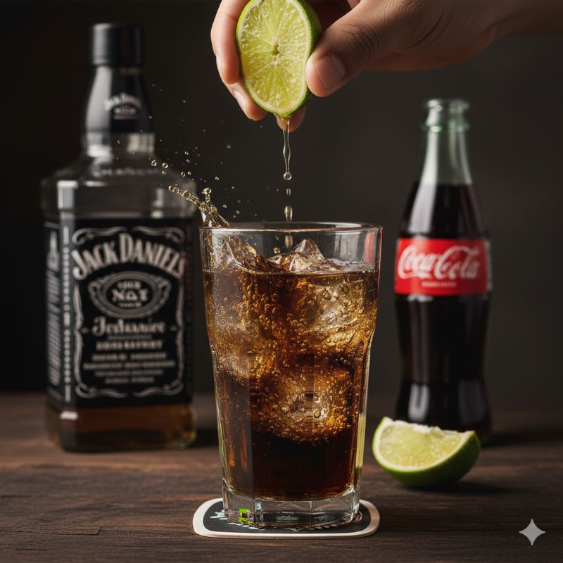 ジャックダニエルのコーラ割り（ジャックコーク）に新鮮なライムを搾っているシズル感のある画像