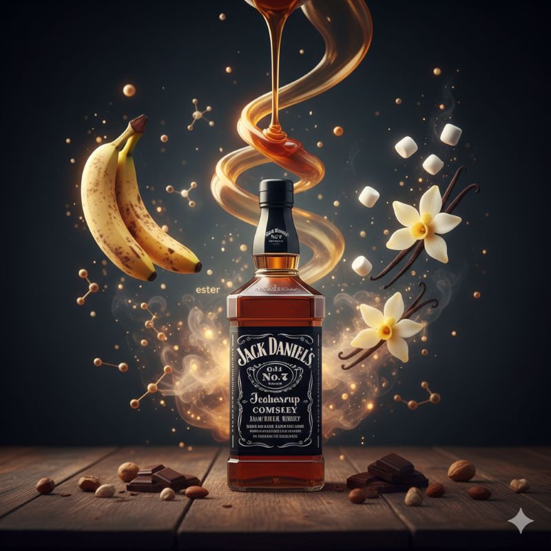 ジャックダニエルの特徴である「セメダイン」と誤解されがちなエステル香の正体、バナナやメープルシロップ、バニラの甘い香りを視覚化したイメージ