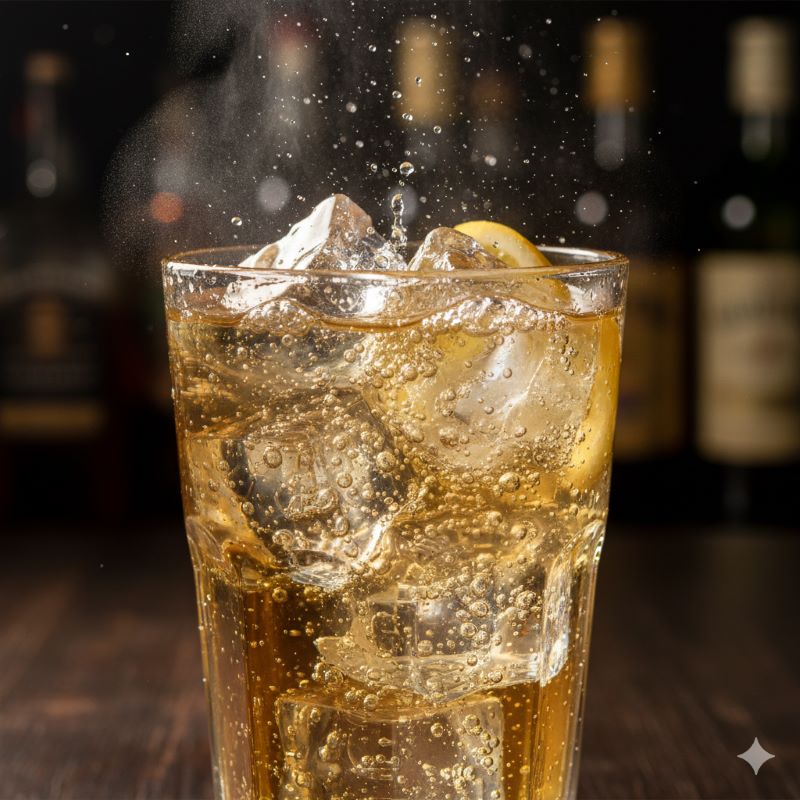 炭酸の気泡が弾けることでウイスキーの香りが開放される様子を表現した、黄金色のハイボールのマクロ撮影画像