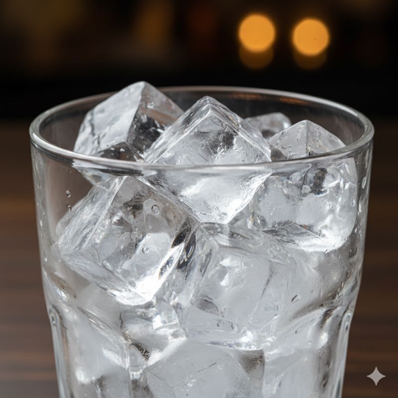 自宅で作るハイボールの味を劇的に変える、透明度が高く溶けにくい市販のロックアイス（かち割り氷）のクローズアップ