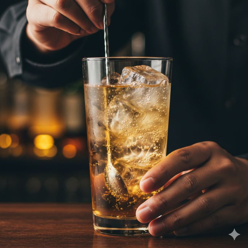 炭酸ガスを逃さないよう、マドラーを使って氷を底から優しく一回だけ持ち上げる「縦のステア」を行っている日本人の手元