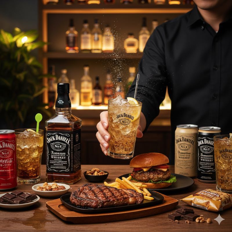 日本の家庭のリビングで、ジャックダニエルのボトルとハイボール、おつまみのチョコレートを並べてリラックスしている、コストパフォーマンスの高い晩酌のイメージ