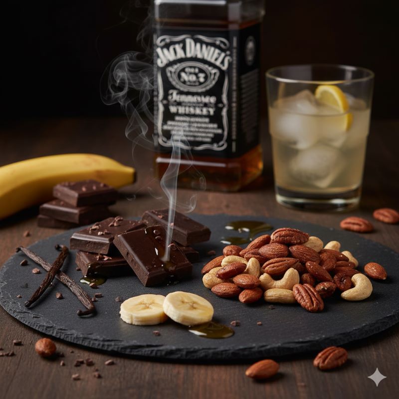 ジャックダニエルの甘い香りを引き立てる、ダークチョコレートと燻製ナッツが美しく盛られた大人のデザートプレート