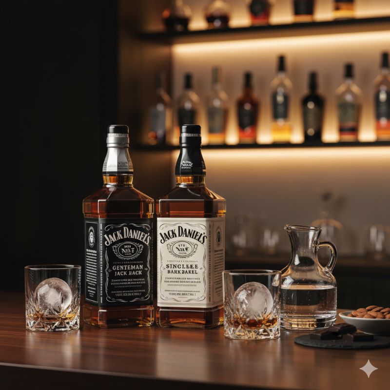 プレミアムな家飲み体験を提案する、ジェントルマンジャックとシングルバレルのボトルが並んだ高級感のあるバーカウンターのイメージ